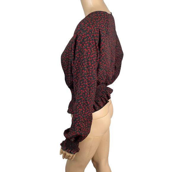 Nordstrom Bp Black Red Ditsy Floral Whimsigoth Peplum Blouse Top SZ M - Picture 6 of 8